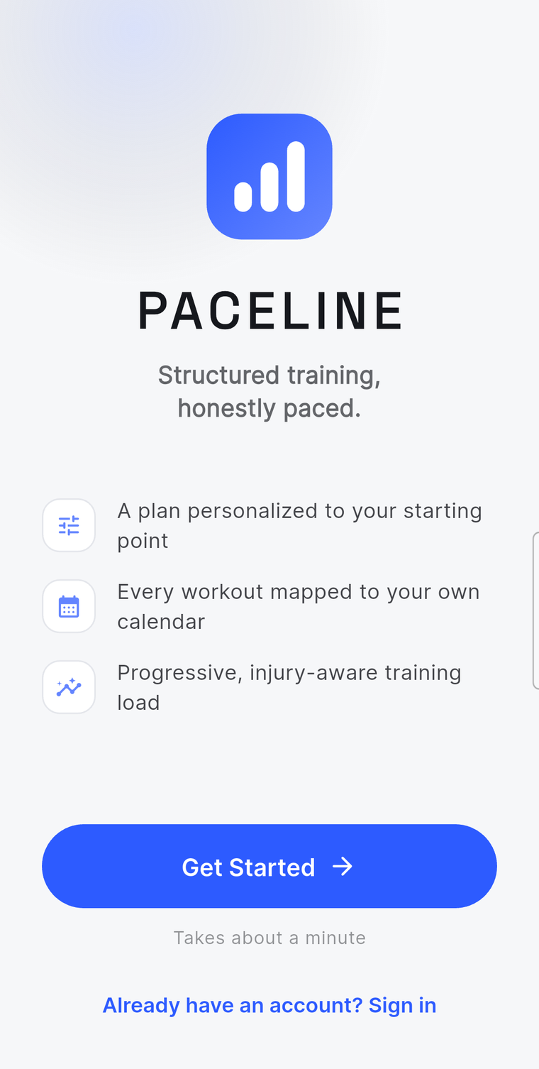 Paceline's welcome screen: 'Structured training, honestly paced', with a Get Started button.